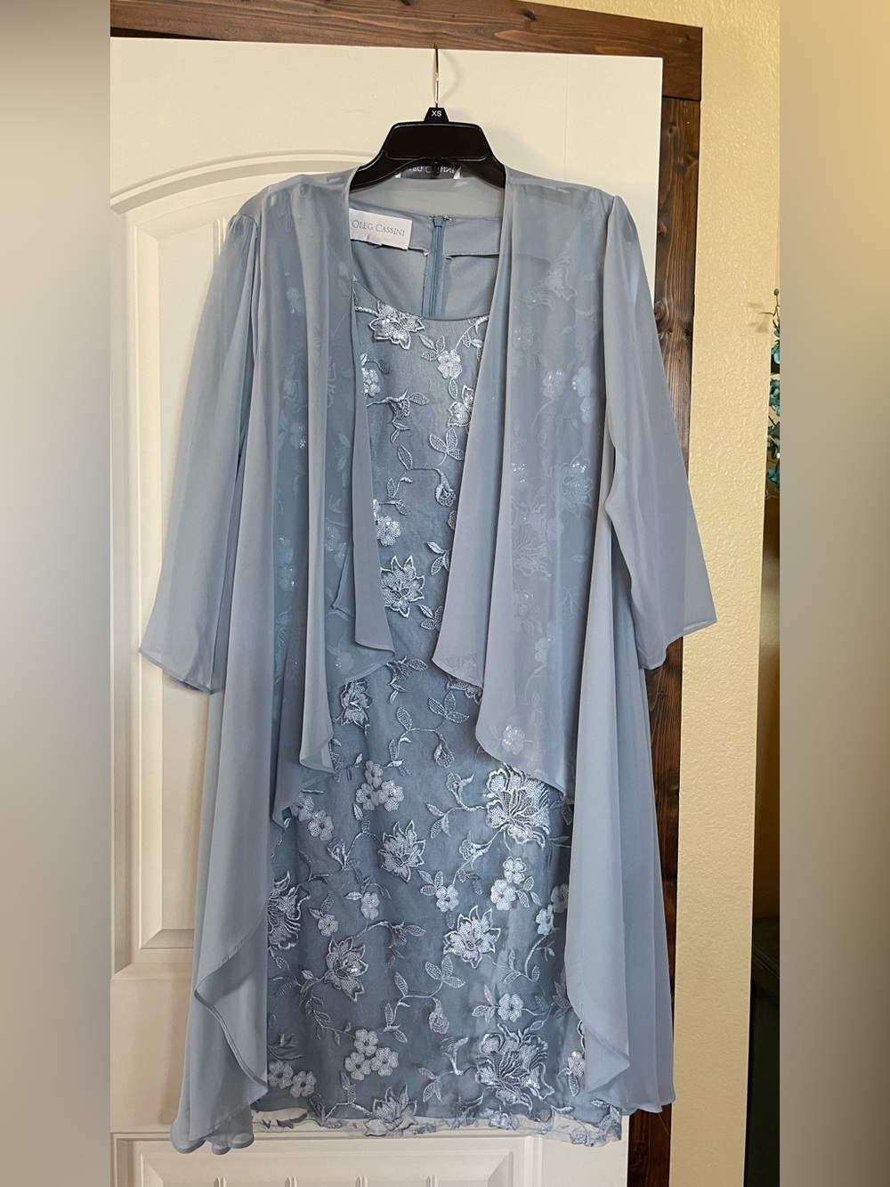 Oleg Cassini Light Blue Embroidered Chiffon Dress & Jacket Set